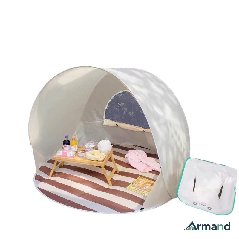 Inside a pop-up beach tent with a low table and chairs — Armand Outdoor OEM
