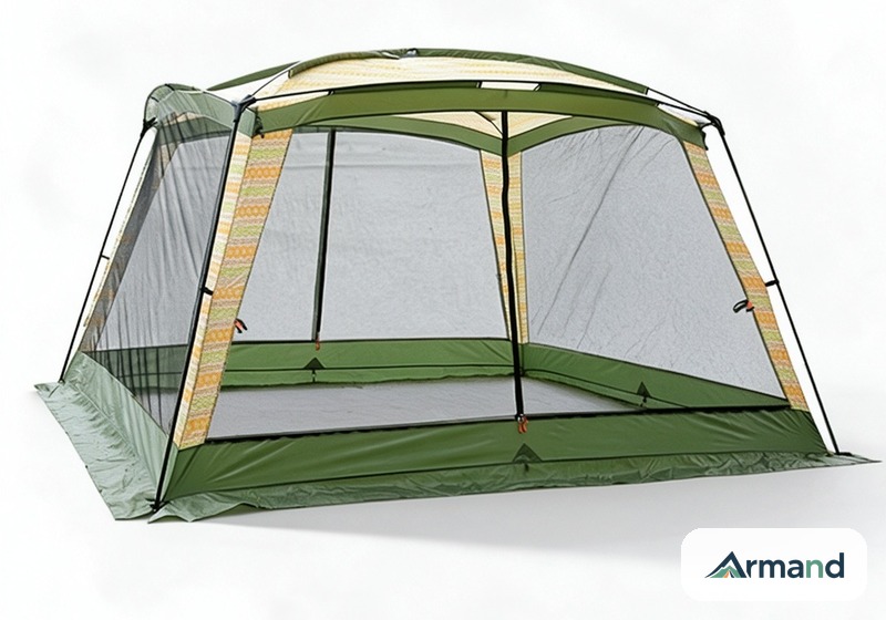 Ridge-profile sun shelter tent with full-sided mesh walls and a printed polyester canopy — Armand Outdoor bulk OEM