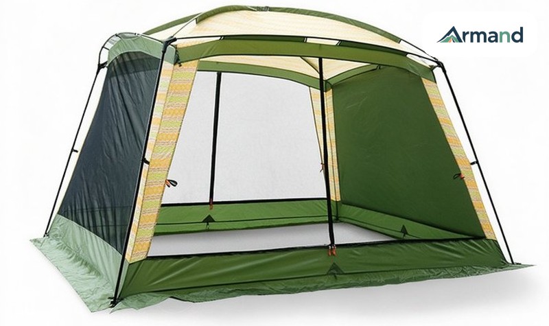 Side and rear of a ridge sun shelter tent, full-height mesh walls, printed canopy and removable awning — Armand Outdoor wholesale