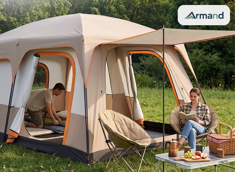 Six person family cabin tent with a 1.8 m shaded porch, used by a family at a campsite — Armand Outdoor wholesale
