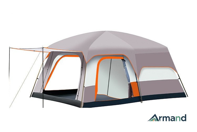 Twin-room family cabin tent with a large shaded porch and groundsheet, white background — Armand Outdoor bulk OEM