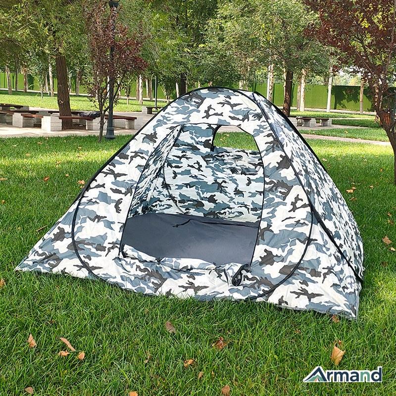 Camo pop-up ice fishing shelter on site — Armand Outdoor bulk OEM