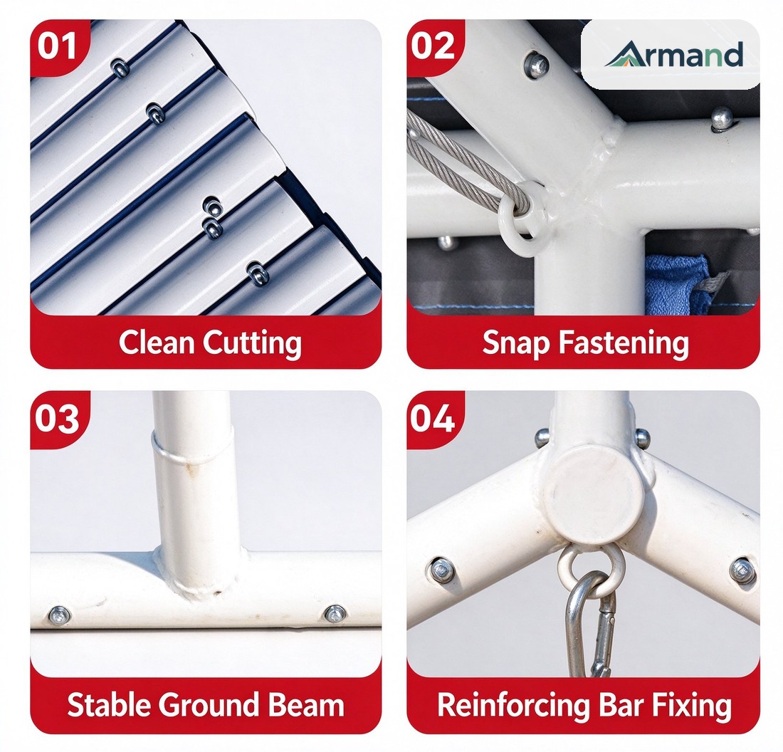 Tube end cut square and deburred, bolted cross joint, ground beam and corner reinforcing bar on a relief tent frame