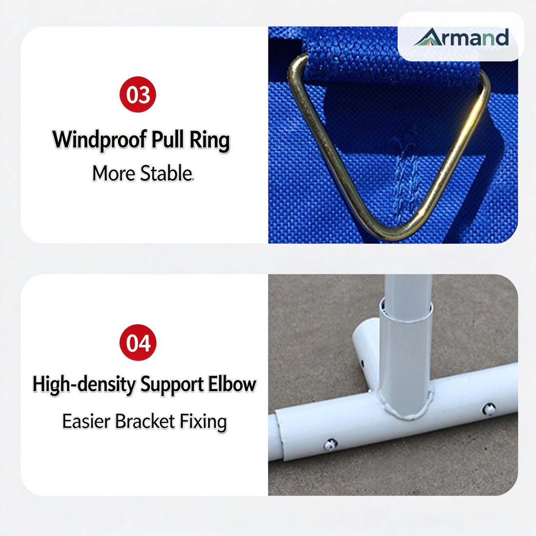 Windproof pull ring stitched into the wall fabric and a high-density support elbow at the base of a relief tent