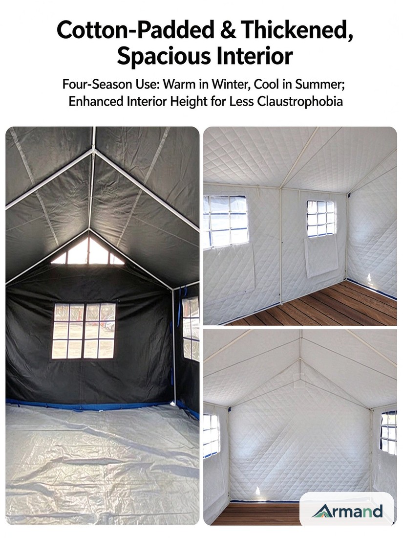 Quilted cotton-padded interior of a relief tent with mesh-backed windows and raised ridge