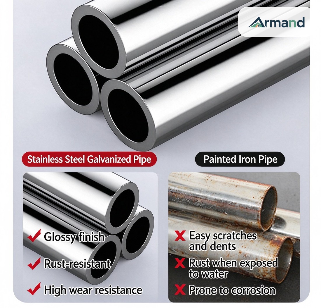 Galvanized steel frame tube with gloss finish compared against rusted painted iron tube