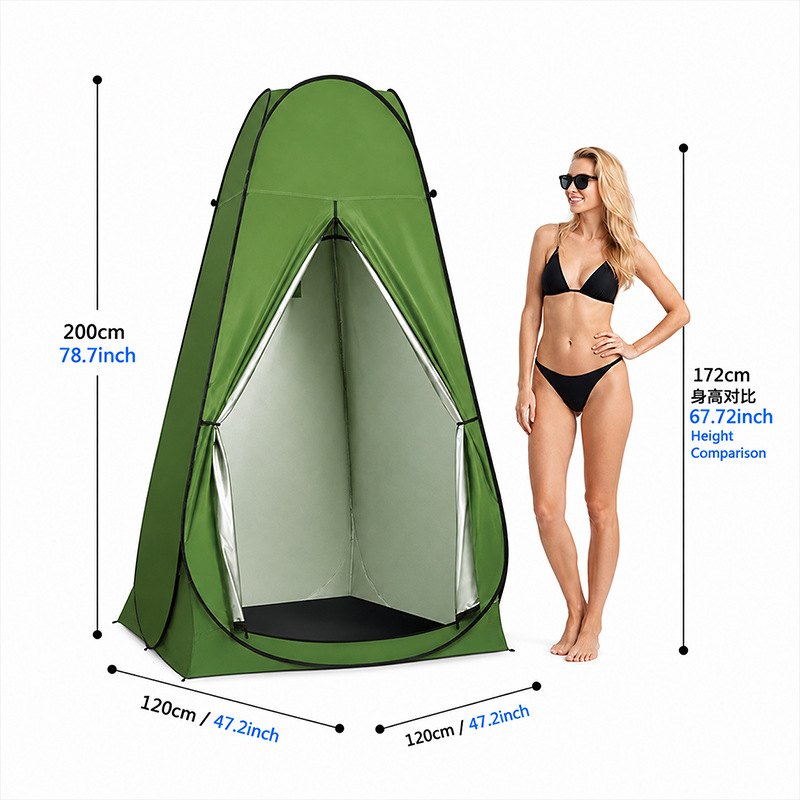 Army green pop-up privacy tent with silver-coated inner wall