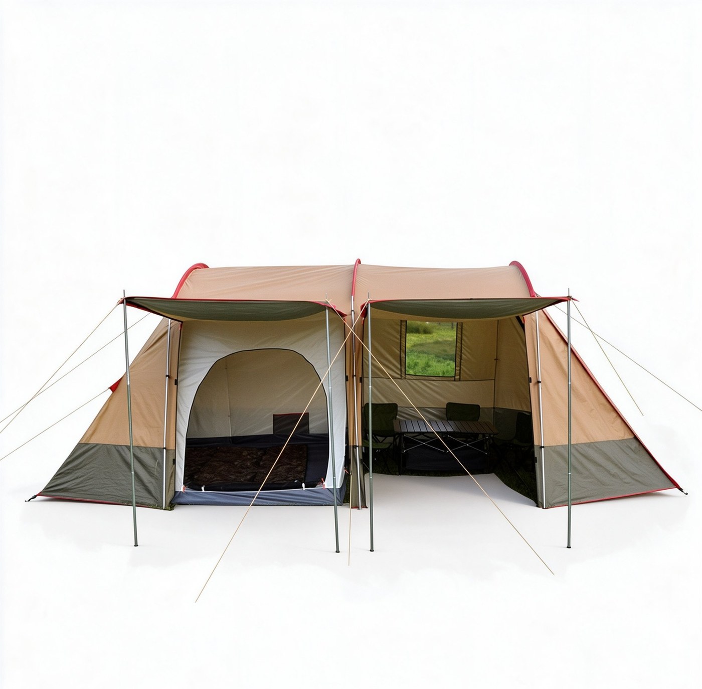 F2-260 two-room family tent with both rooms open — sleeping area with mats, living area with folding table and chairs, and the front awning — Armand Outdoor wholesale