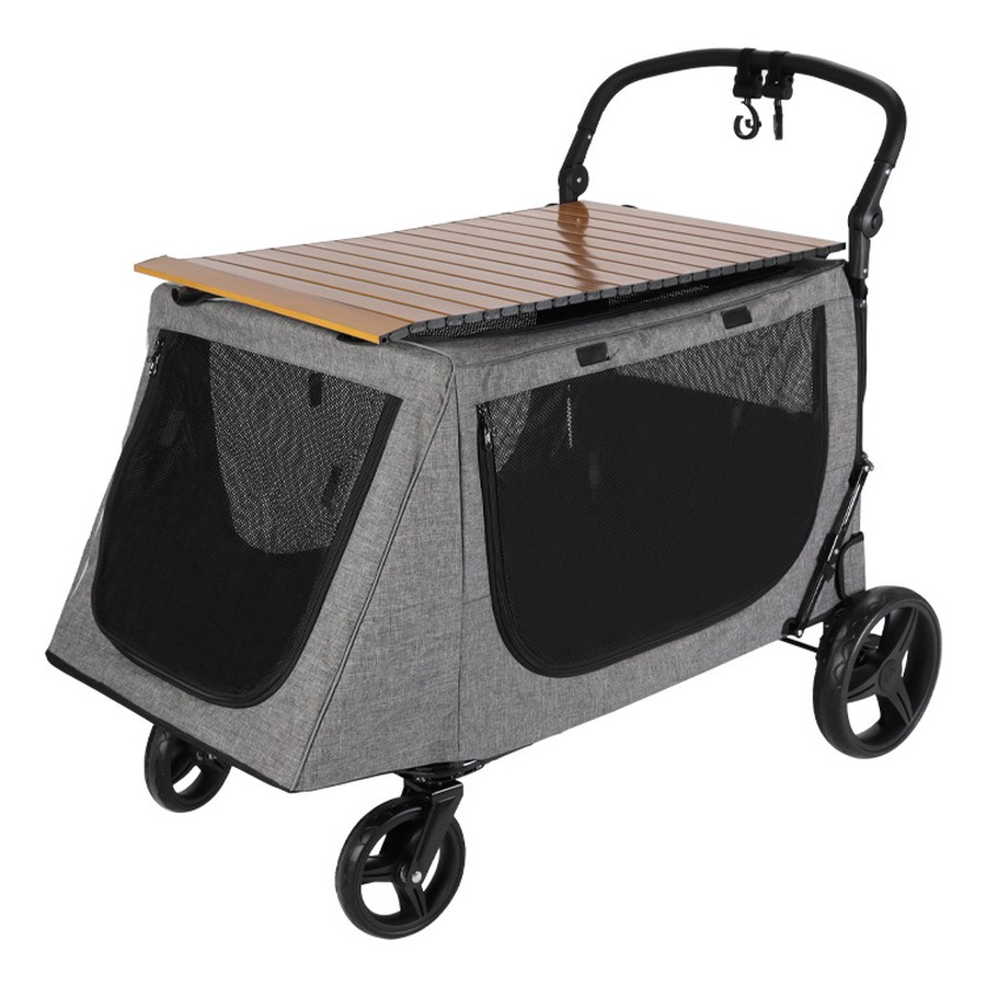 Camping pet stroller with grey mesh cabin, black frame and a fold-out table top over the roof, four large wheels